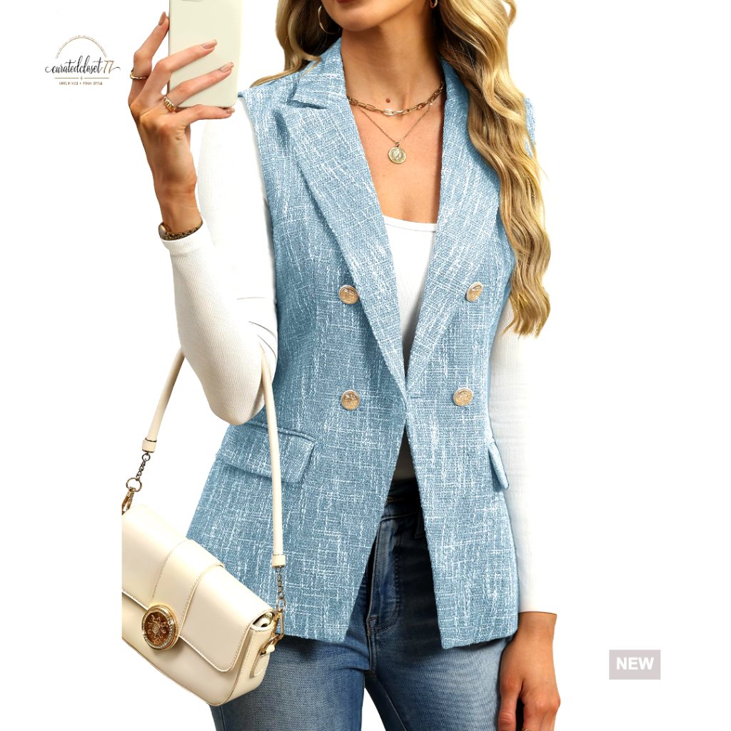 Sleeveless Tweed Vest Double-Breasted Blazer Waistcoat With Pockets